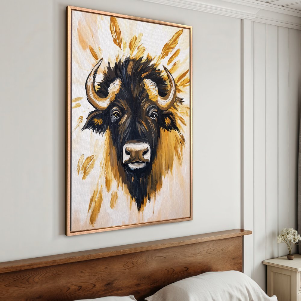 Framed Wall Art: Stunning bison portrait in warm gold and black tones. Add a touch of rustic elegance to your home with this canvas print.
