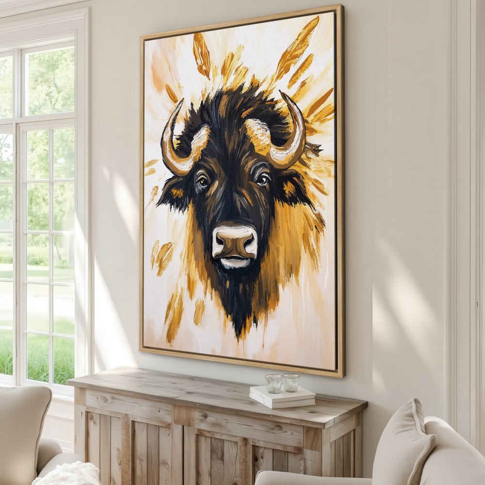 Framed Wall Art: Bold bison portrait in warm gold & black tones. Add a touch of rustic elegance to your space with this canvas print!