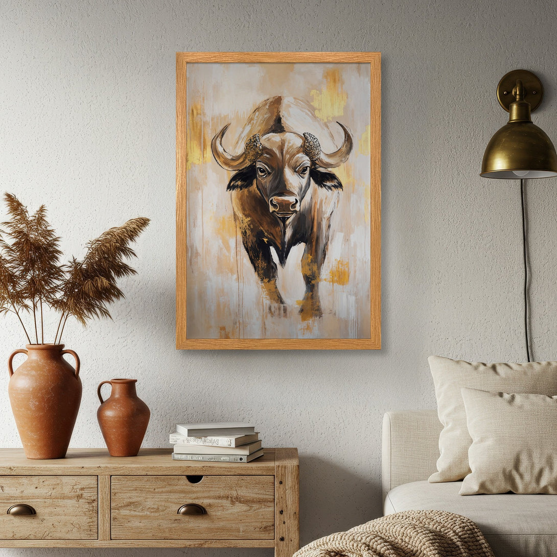 Framed Poster featuring a powerful buffalo in a warm, neutral color palette. Perfect for adding a touch of nature to your home decor.