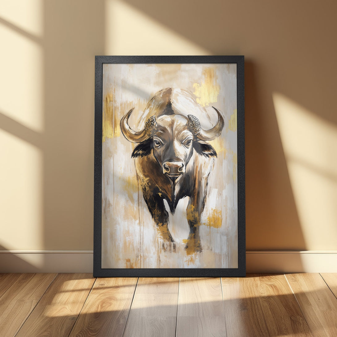 Framed Poster of a buffalo in a modern, abstract style. Earthy tones of brown, gold, and white create a stunning art piece.
