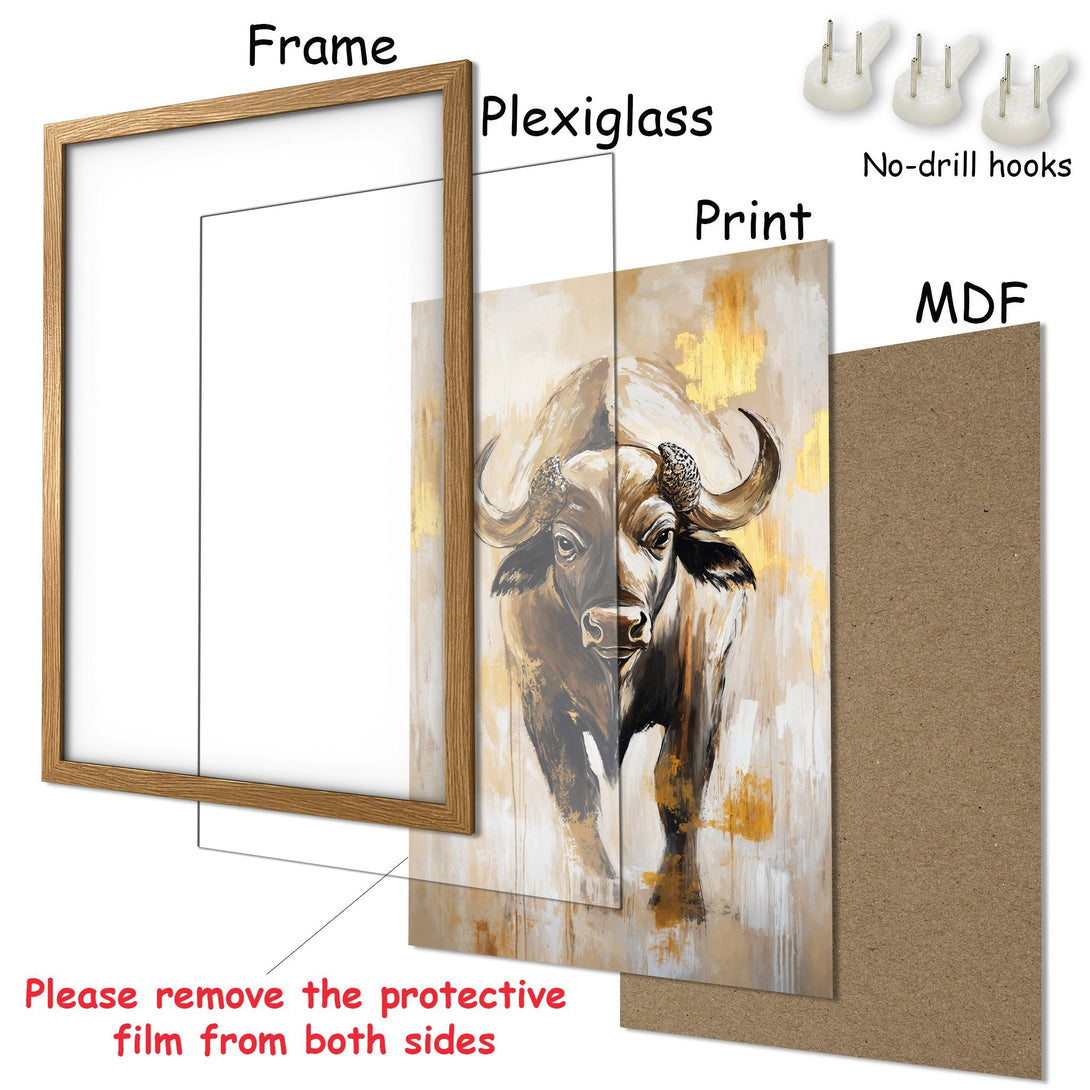 Framed Poster featuring a striking buffalo in an abstract style, warm brown and gold palette for a modern art look.