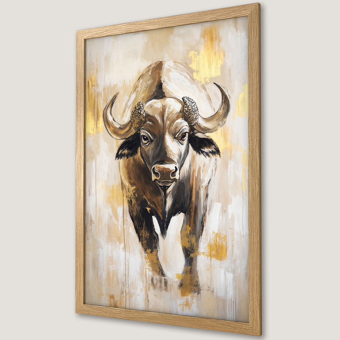 Framed Poster featuring a majestic buffalo in an abstract, gold and brown color palette. Perfect wall art!