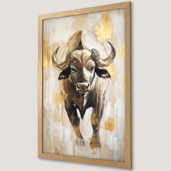 Framed Poster featuring a majestic buffalo in an abstract, gold and brown color palette. Perfect wall art!