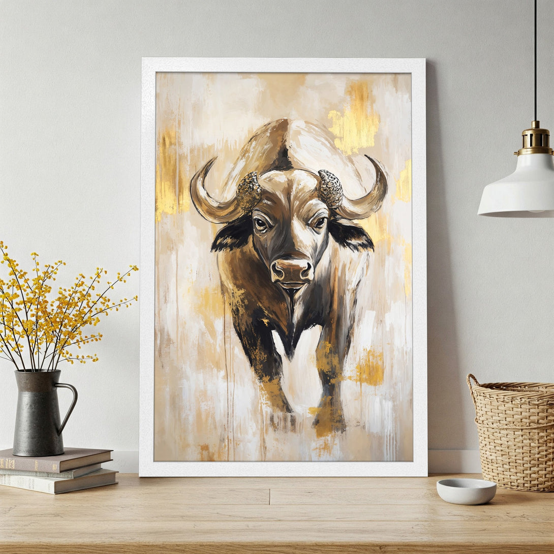 Framed Poster of a majestic bull in abstract style, featuring a warm gold and neutral color palette, perfect for home decor.