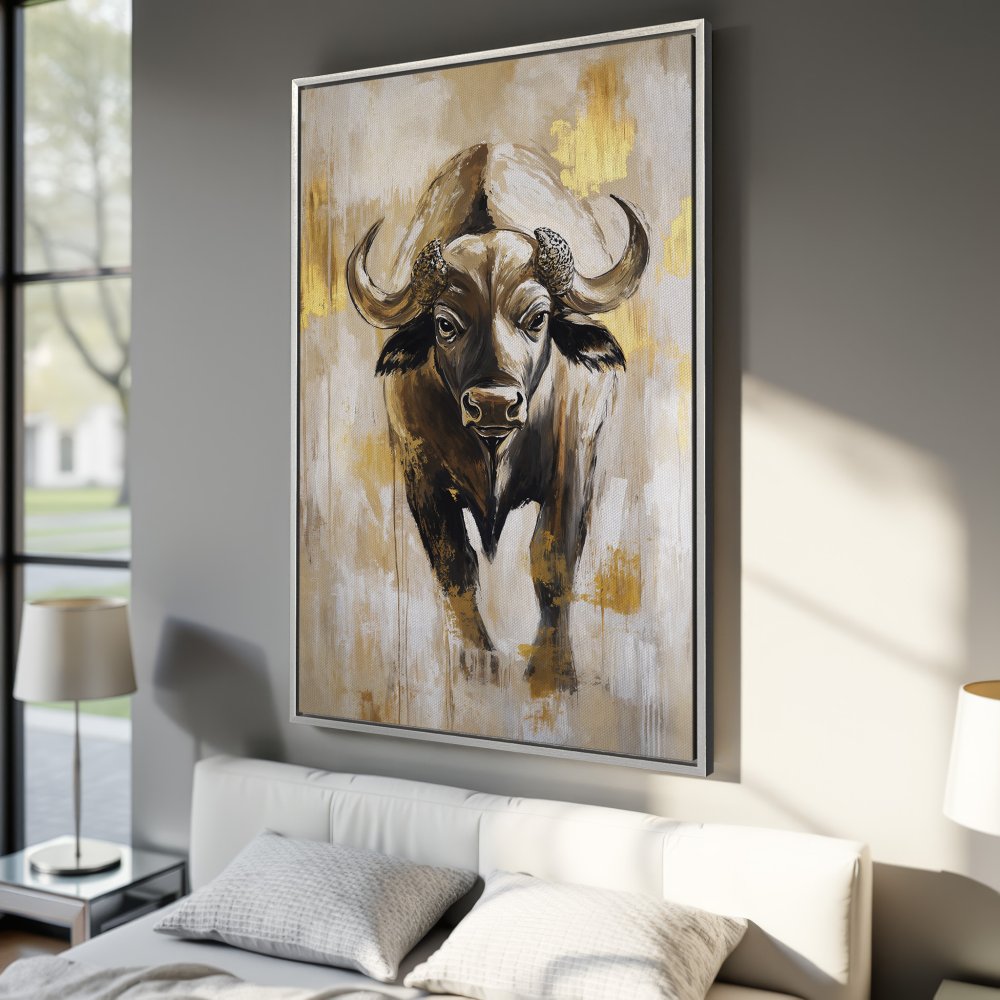 Framed Wall Art: Impressive buffalo painting in a modern, abstract style with a warm, neutral color palette. Elevate your space with this stunning Canvas Print!