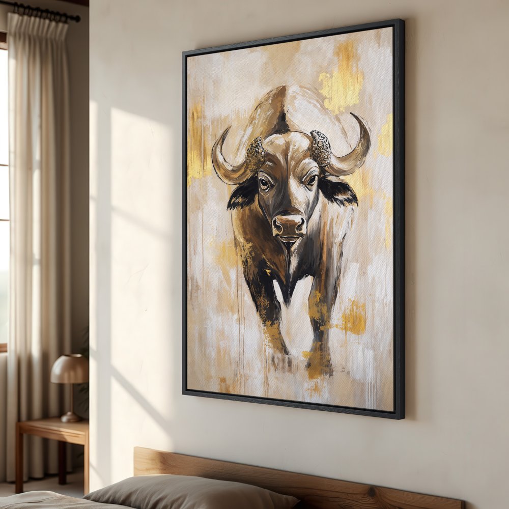 Framed Wall Art: Majestic buffalo painting with gold and neutral tones. Add a touch of wilderness to your home decor!