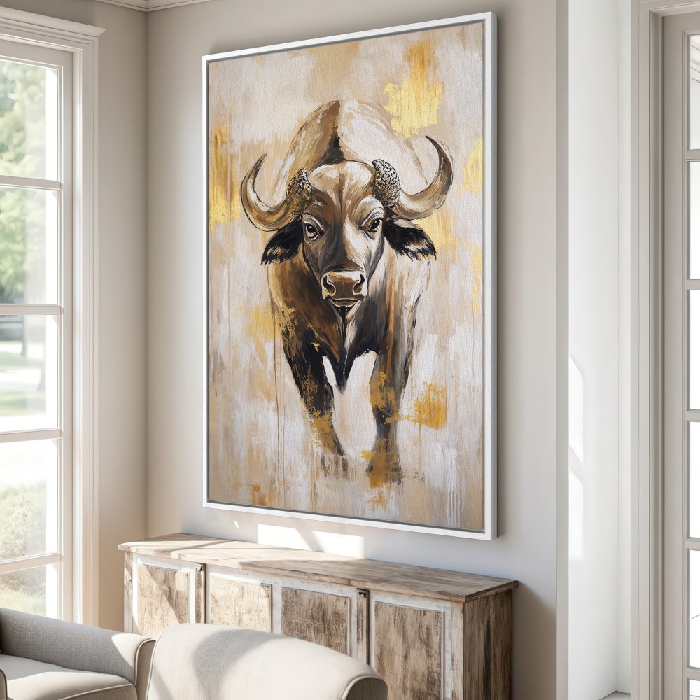 Framed Wall Art: Abstract bull painting in gold and brown tones. Add a touch of modern elegance to your home with this stunning Canvas Print.