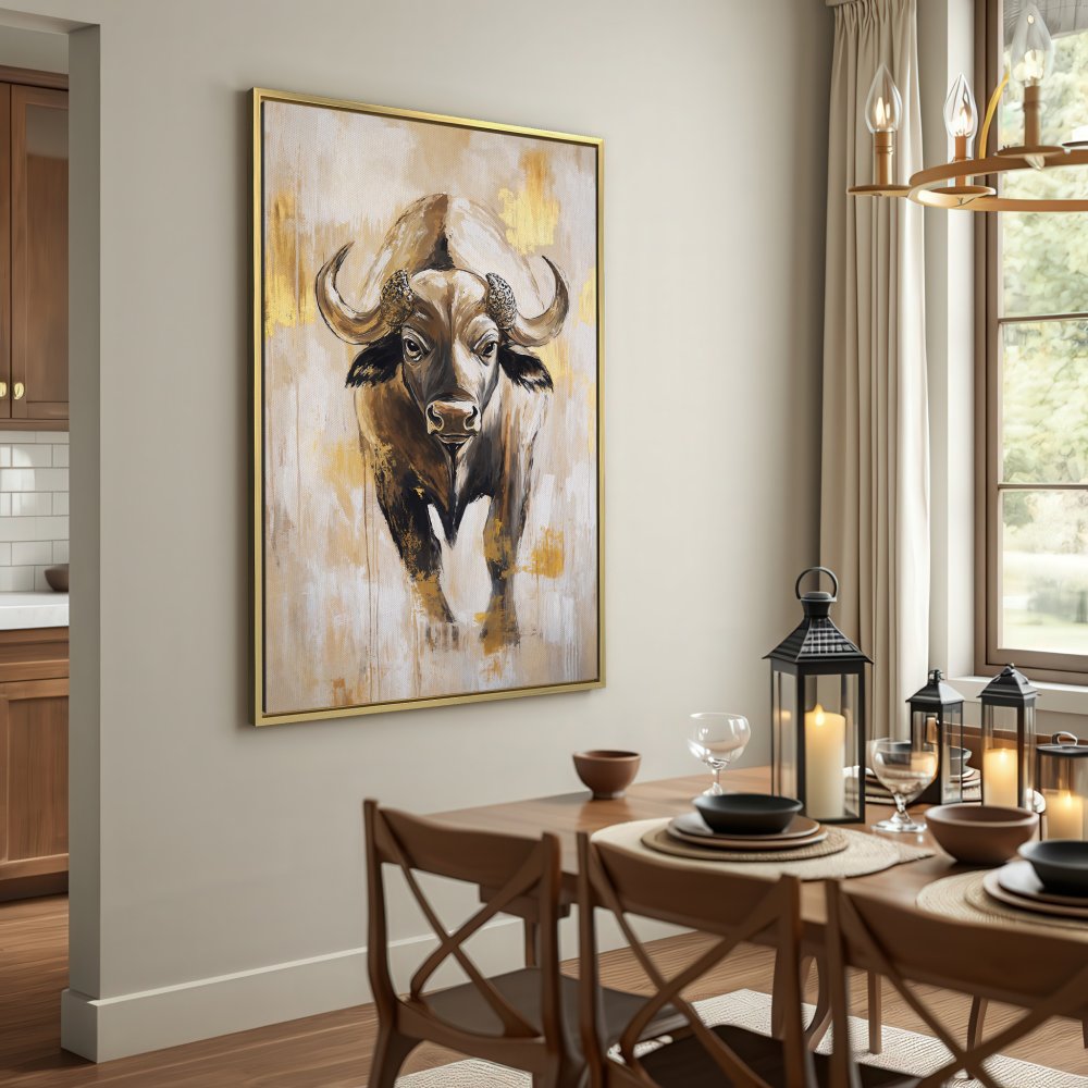 Canvas Print: Majestic buffalo art in neutral tones. Elevate your space with this stunning, modern animal painting. Shop now!