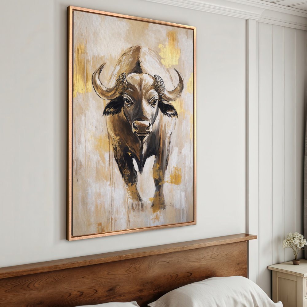 Framed Wall Art: Majestic buffalo painting in gold, brown, and beige tones. Elevate your space with this stunning canvas print!