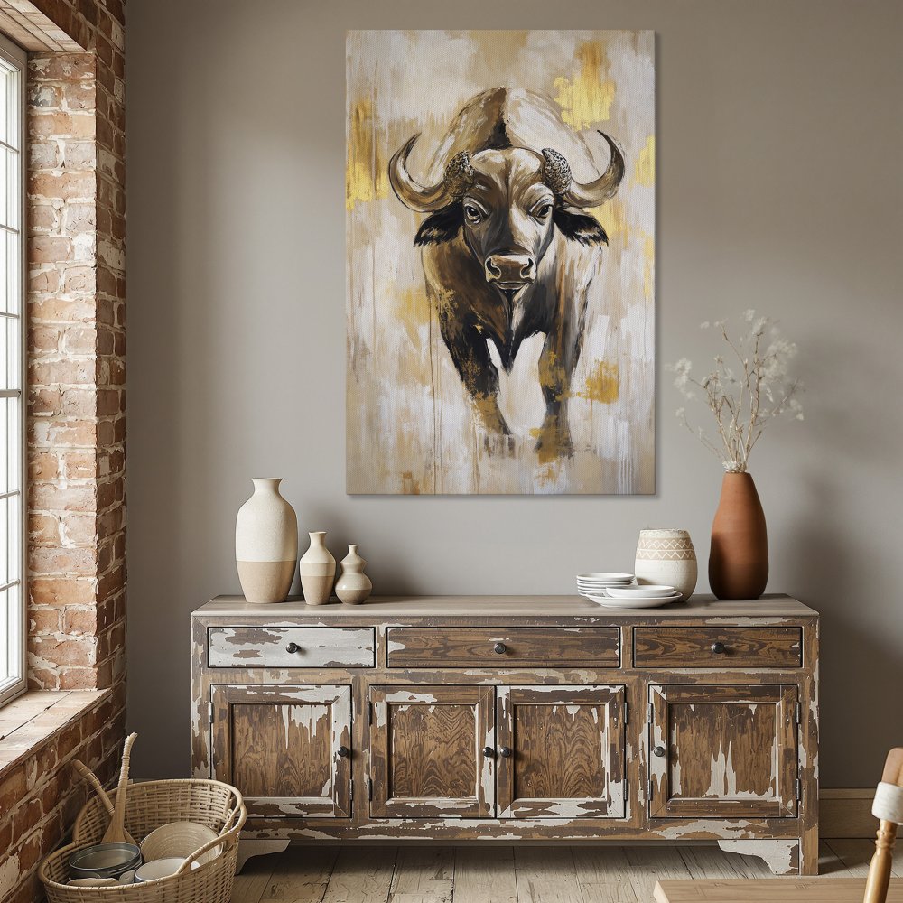 Framed Wall Art: Majestic buffalo painting in neutral tones with gold accents. Elevate your dining room with this stunning canvas print!