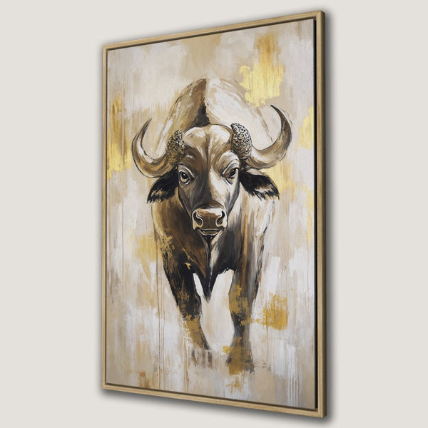 Framed Wall Art: Bold buffalo painting in neutral tones with gold accents. Modern canvas print for stylish home decor.