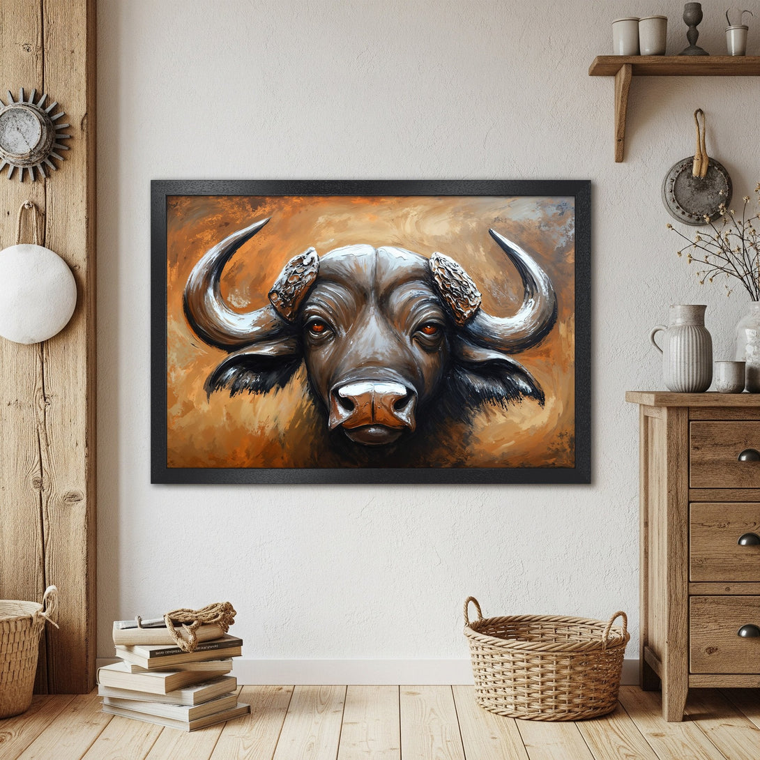 Framed Poster of a majestic buffalo, oil painting style, warm orange and brown tones. Add a touch of wildlife art to your home!