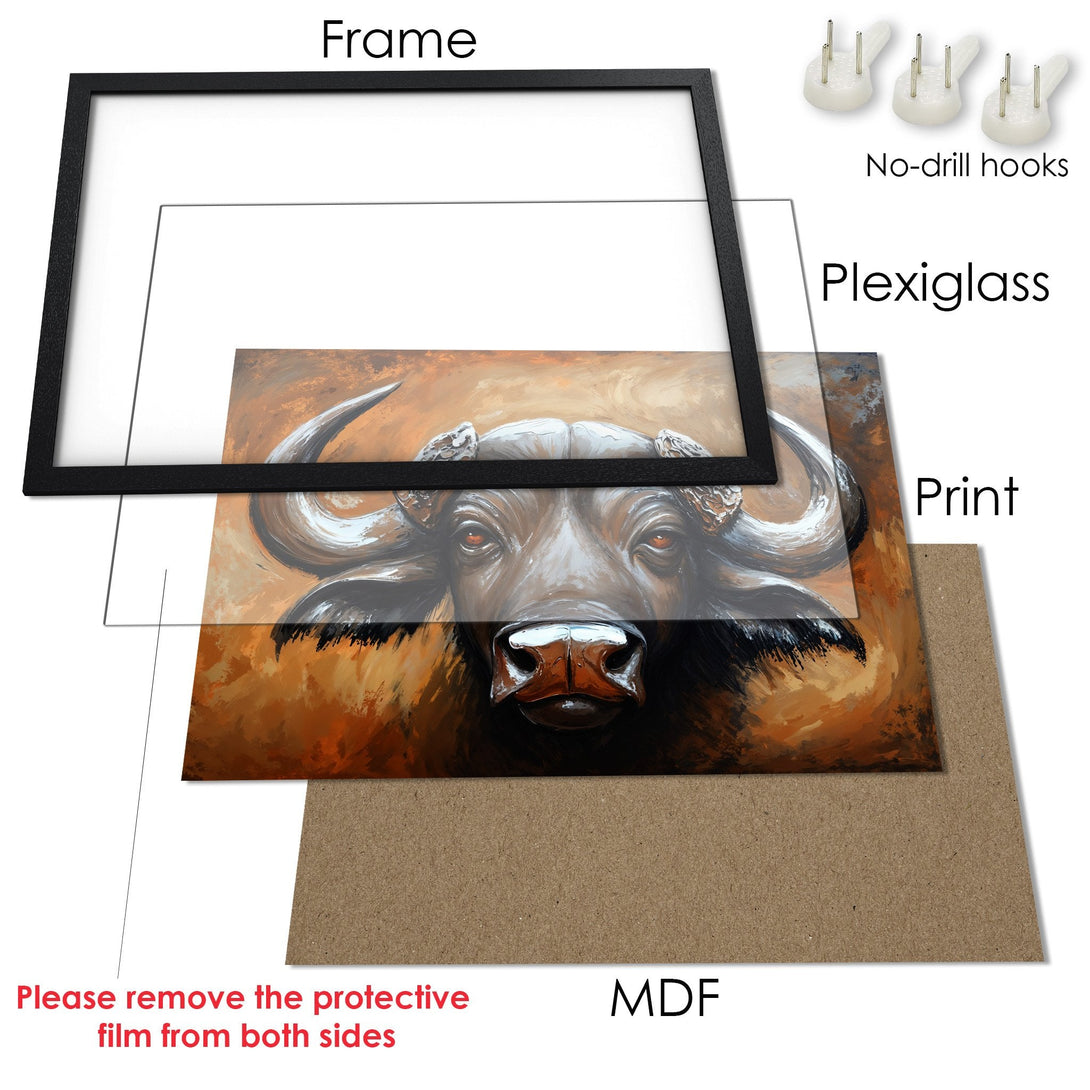 Framed Poster of a buffalo in warm tones. Artistic style with a brown and orange color palette. Ready to hang art.