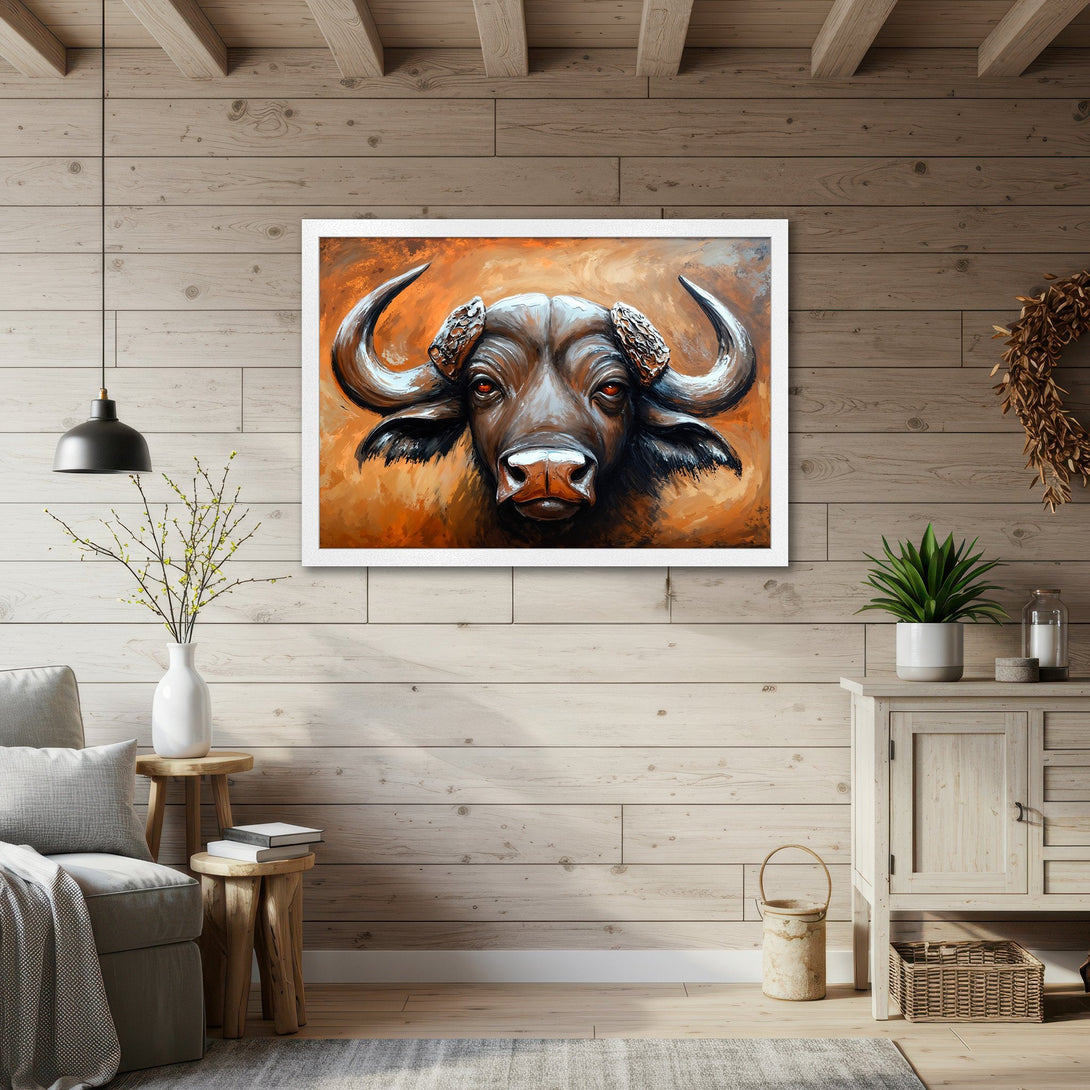 Framed Poster of a majestic buffalo in warm orange and brown tones, perfect for rustic decor.