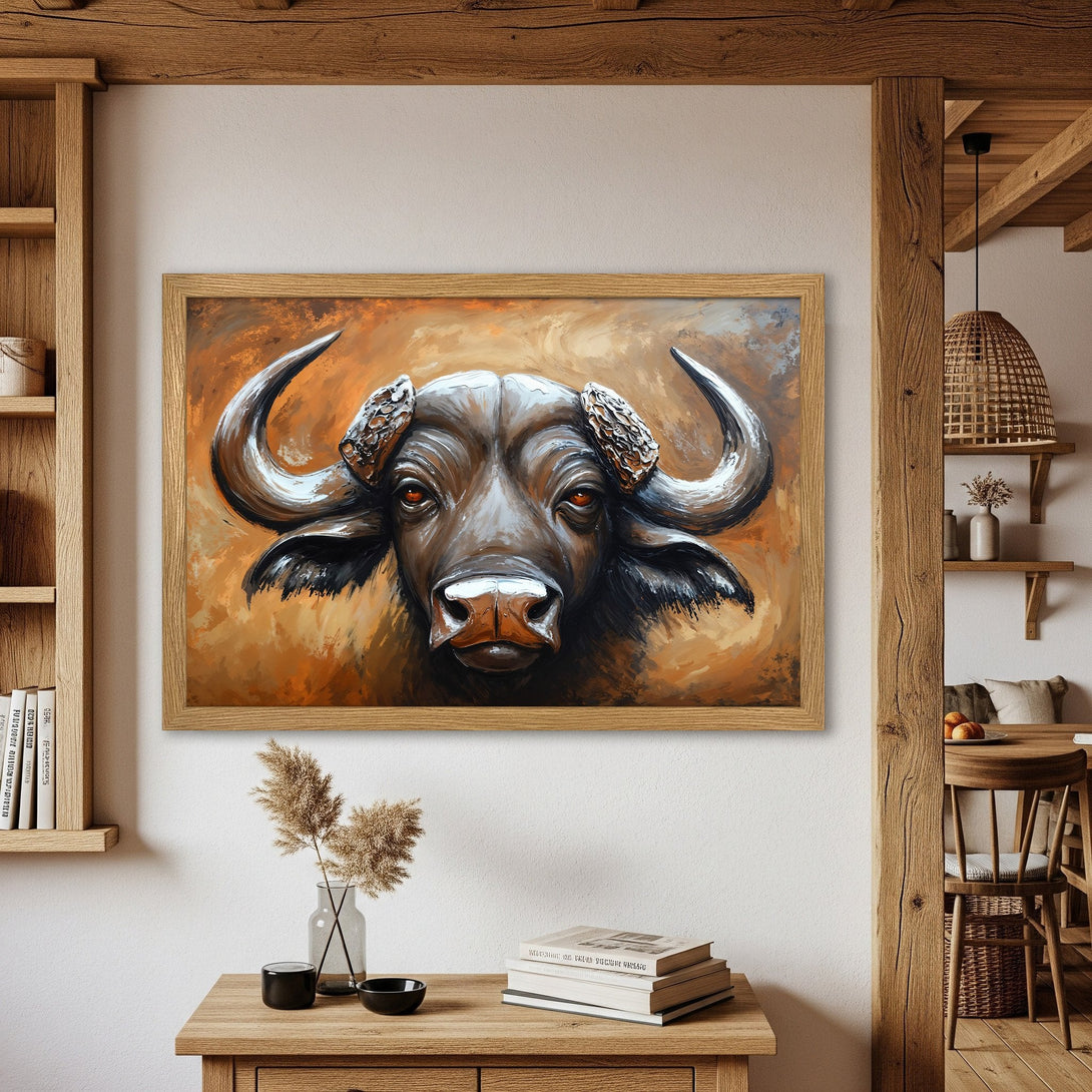 Framed Poster of a powerful buffalo, artfully painted in warm browns and oranges. Add a touch of wild beauty to your space!