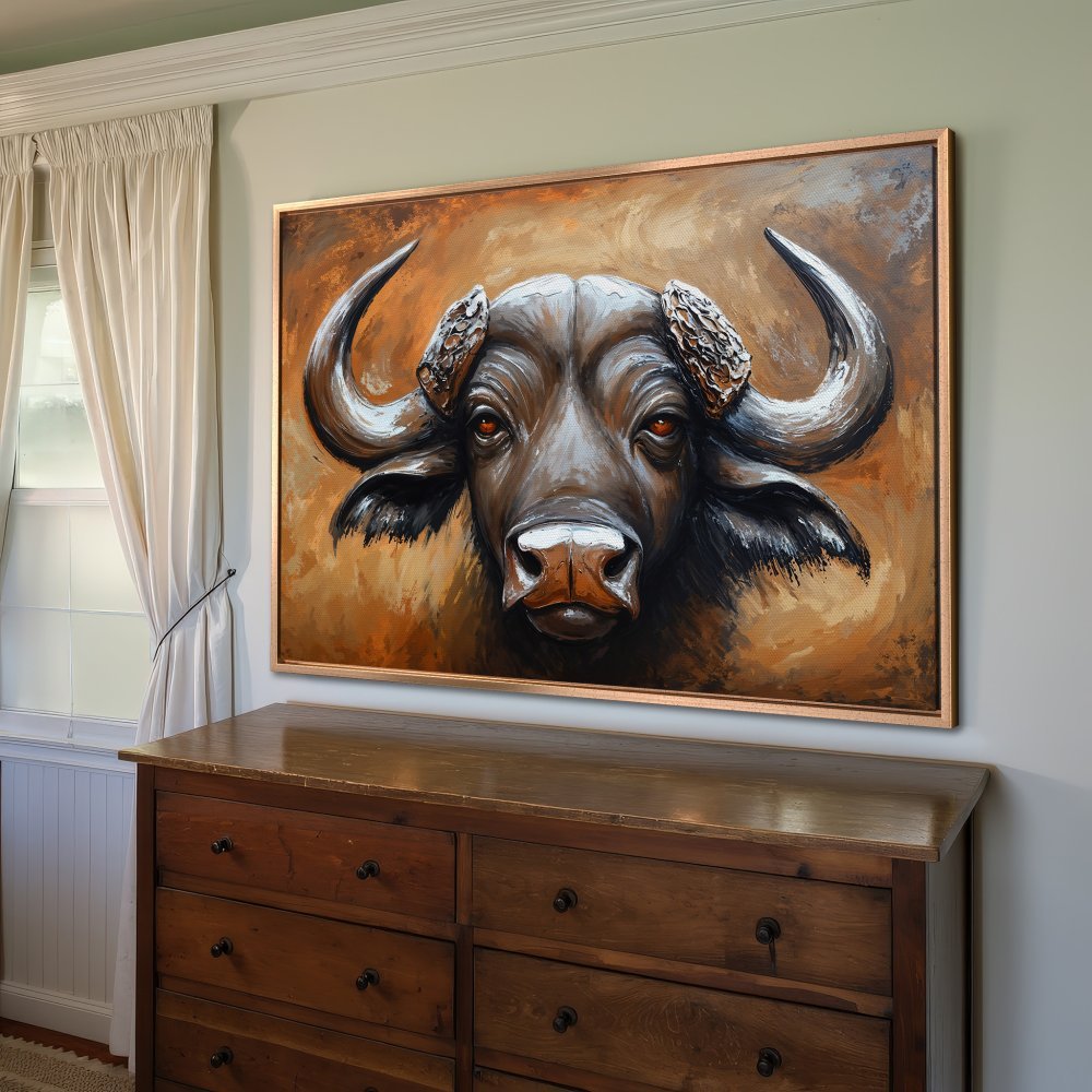 Framed Wall Art: Bold buffalo portrait in warm brown tones. Add a touch of wild elegance to your space with this stunning Canvas Print.