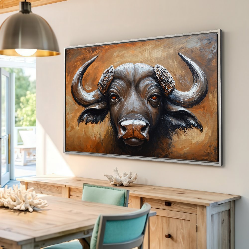 Framed Wall Art: Majestic buffalo portrait in warm brown tones. Add a touch of wildlife art to your home decor with this stunning Canvas Print.