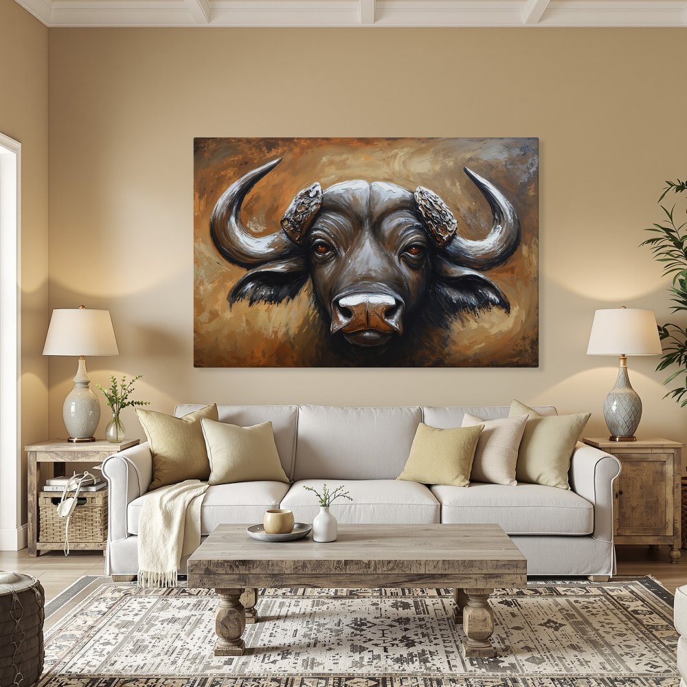 Framed Wall Art: Bold buffalo portrait in warm brown tones. Rustic style Canvas Print adds a touch of wild elegance to any room.