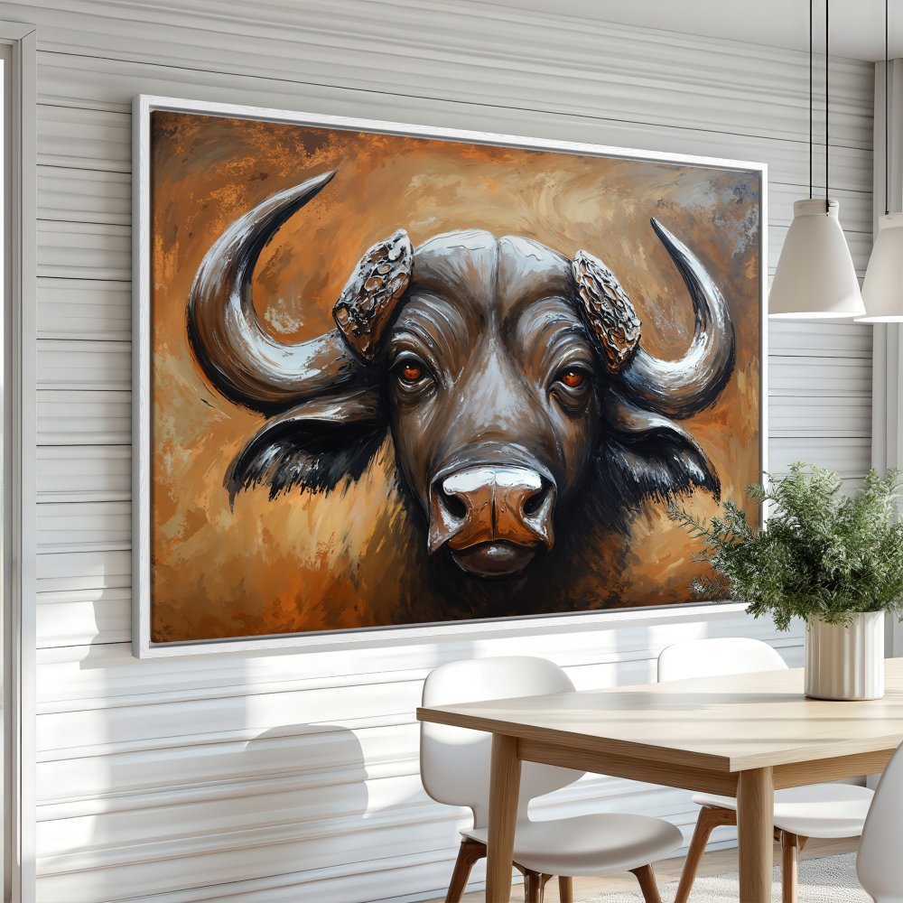 Framed Wall Art: Stunning buffalo portrait canvas print in warm brown tones. Add bold style to your home decor!
