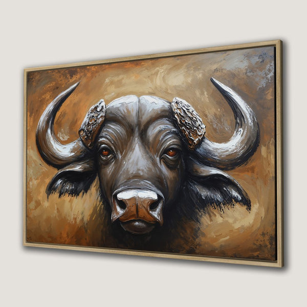 Framed Wall Art: Bold buffalo portrait in warm brown tones. Textured canvas print adds rustic charm to any space. Shop now!