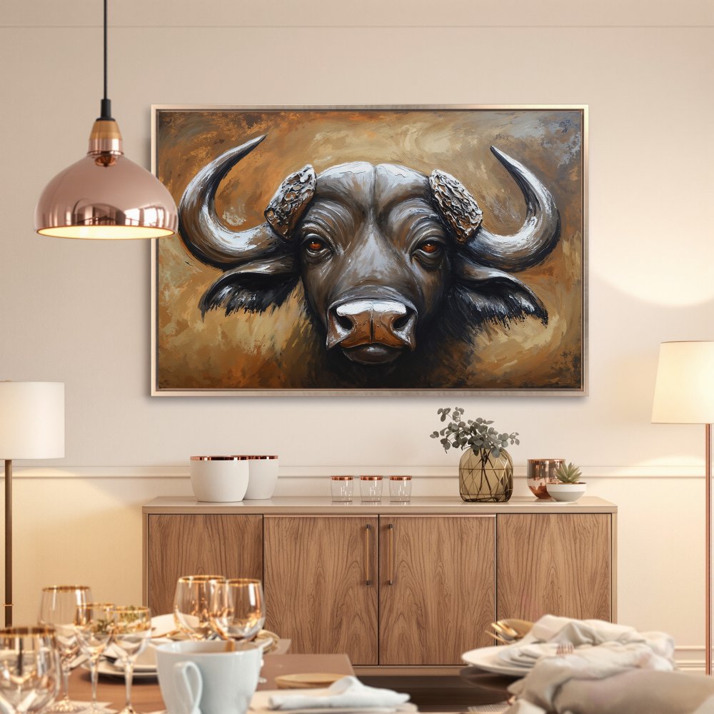 Framed Wall Art: Majestic buffalo portrait in warm brown tones. Elevate your space with this stunning canvas print. Shop now for unique wall decor!