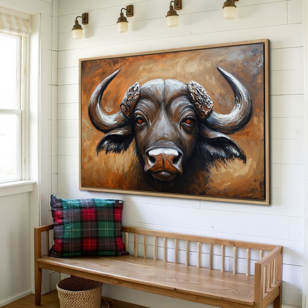 Framed Wall Art: Stunning buffalo portrait in warm brown tones. Elevate your space with this captivating Canvas Print, perfect for rustic or modern decor.