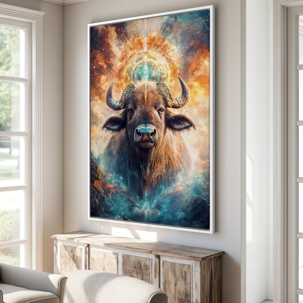 Framed Wall Art: Majestic bull portrait in warm earth tones and vibrant blues. Transform your space with this stunning canvas print!