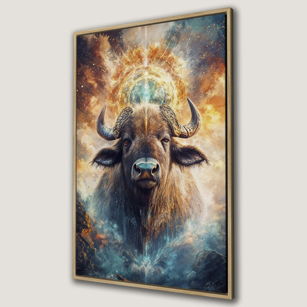 Framed Wall Art: Majestic buffalo portrait in warm earth tones and vibrant blues. Transform your space with this stunning canvas print!