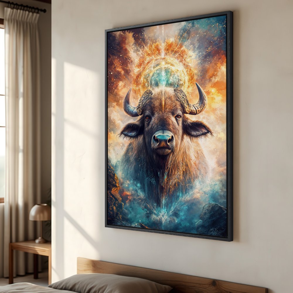 Framed Wall Art: Majestic bull art print in vibrant teal & gold. Transform your space with this stunning, spiritual canvas art.