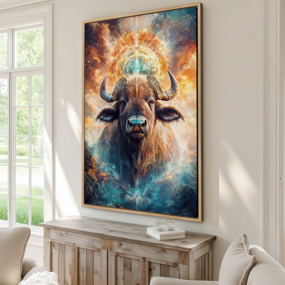 Framed Wall Art: Majestic bull portrait in vibrant orange, blue, and brown tones. Transform your space with this stunning canvas print!
