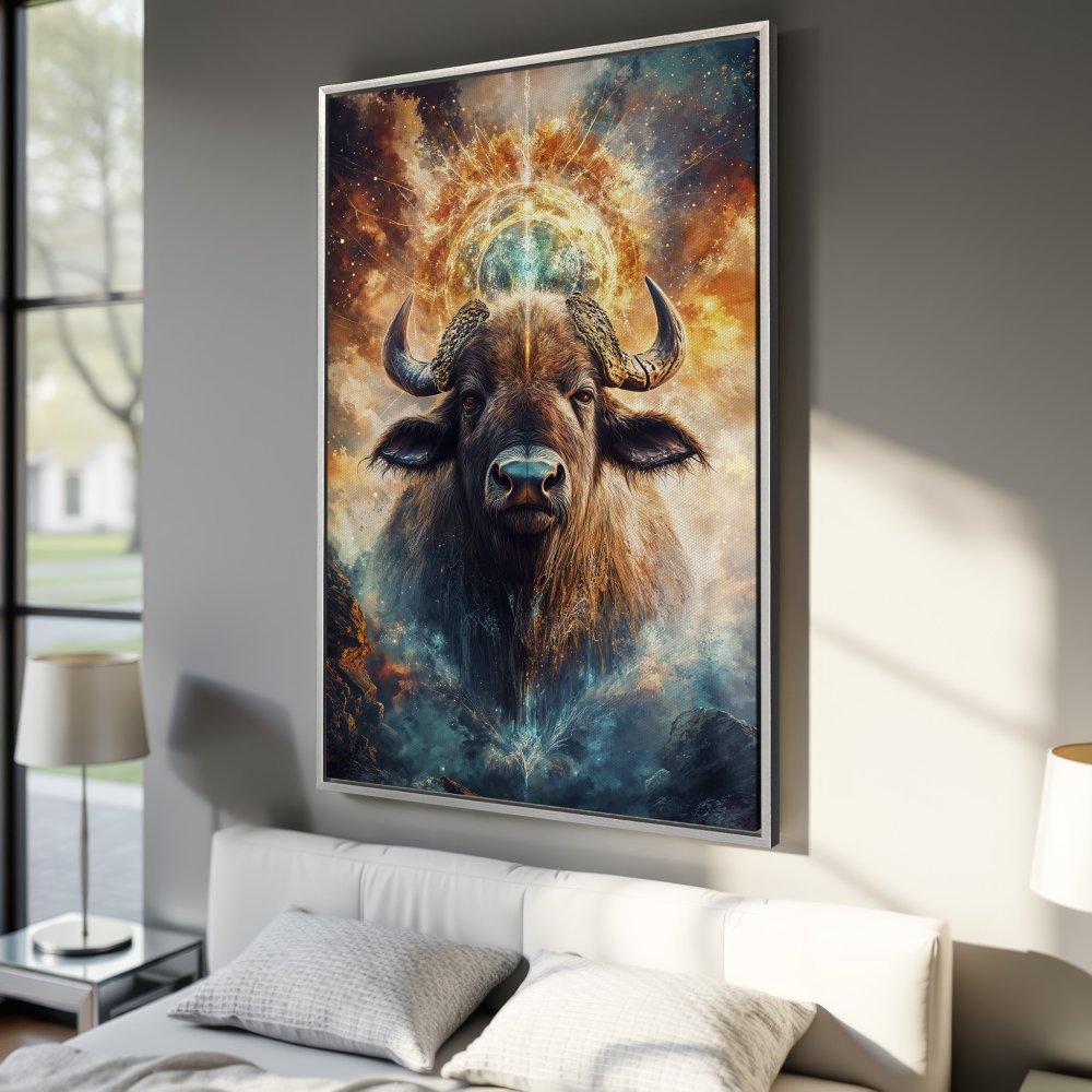 Framed Wall Art: Majestic bull canvas print with a cosmic, ethereal style. Earthy tones of brown, gold, and blue create a stunning focal point.