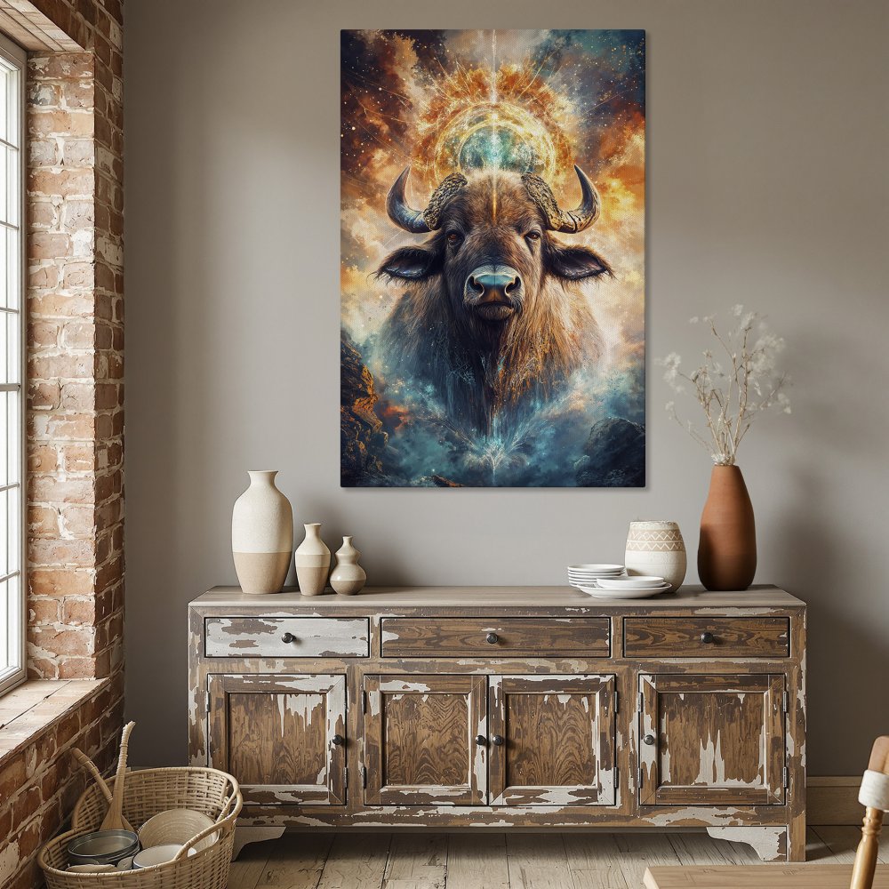 Framed Wall Art: Majestic bull art print in warm orange & blue tones. Transform your space with this stunning canvas print!