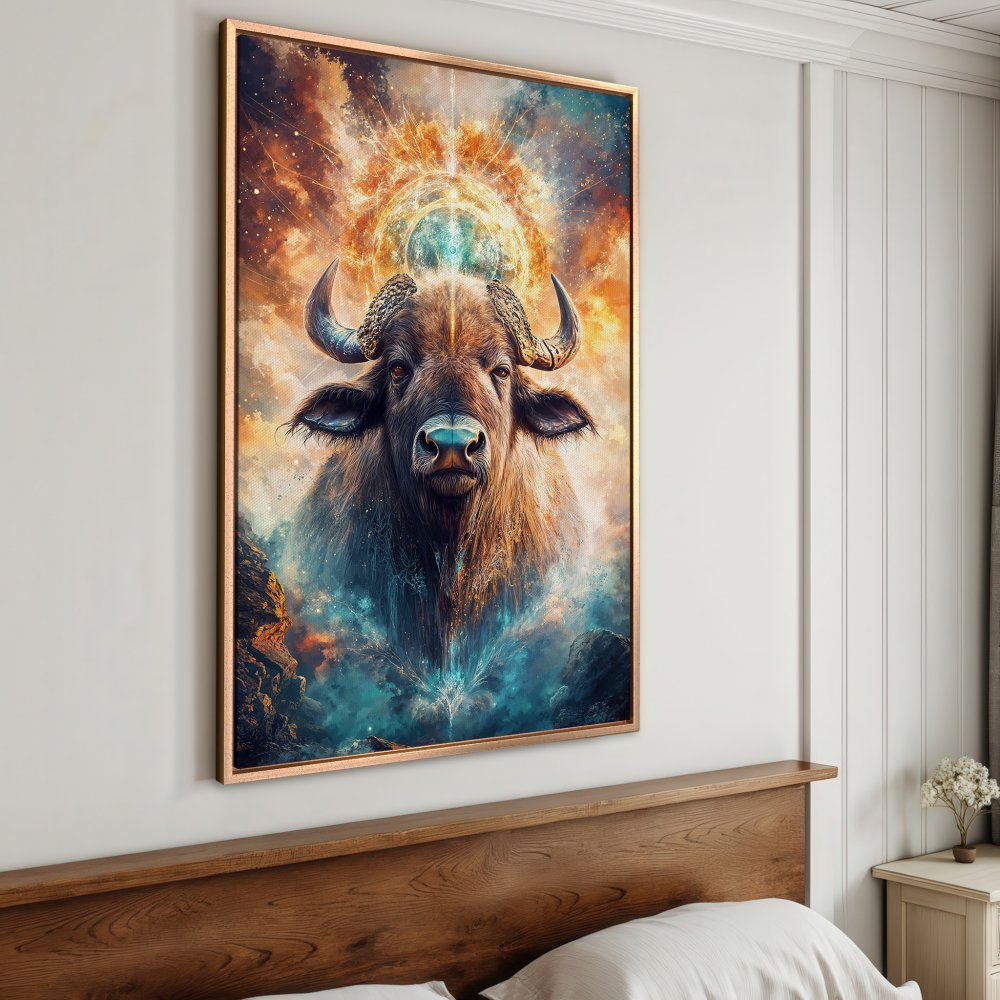 Framed Wall Art: Majestic buffalo portrait, vibrant fantasy art with warm earth tones and cool blues. Elevate your space with this stunning Canvas Print!