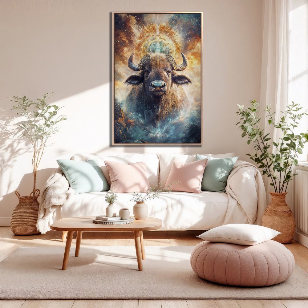Framed Wall Art featuring a majestic bull in a dreamy, cosmic style. Warm, earthy tones with pops of blue create a captivating focal point for any room.