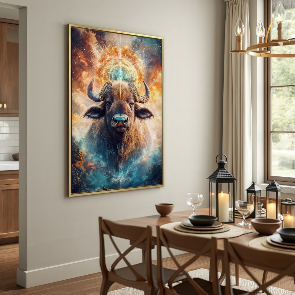 Canvas Print of a majestic bull in a cosmic style, featuring warm earth tones and celestial blues. Elevate your space with stunning wall art!