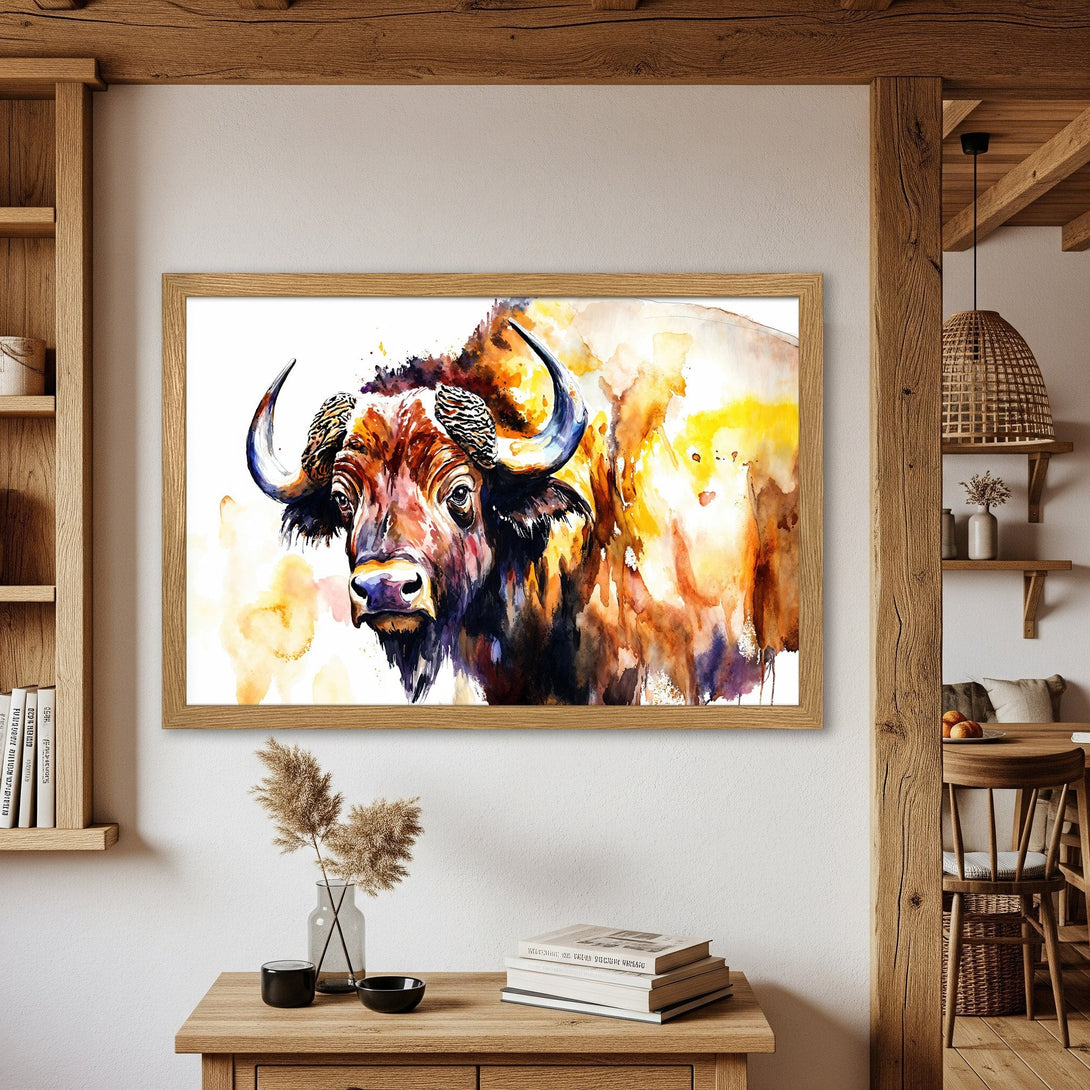 Framed Poster of a watercolor bison painting. Warm, earthy tones and artistic style perfect for home decor.