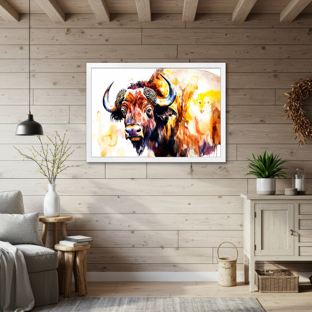 Framed Poster of a watercolor bison. Rustic style, warm orange and brown color palette, perfect for home decor.
