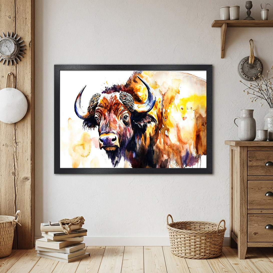 Framed Poster of a watercolor bison. Warm, earthy tones and vibrant yellows. Perfect for rustic home decor.