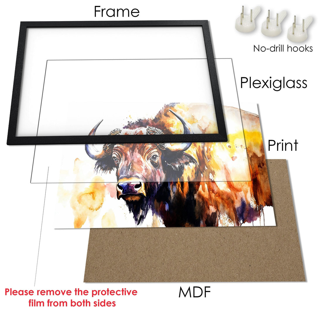 Framed Poster featuring a watercolor bison, warm earth tones. Perfect wall art for your home decor.