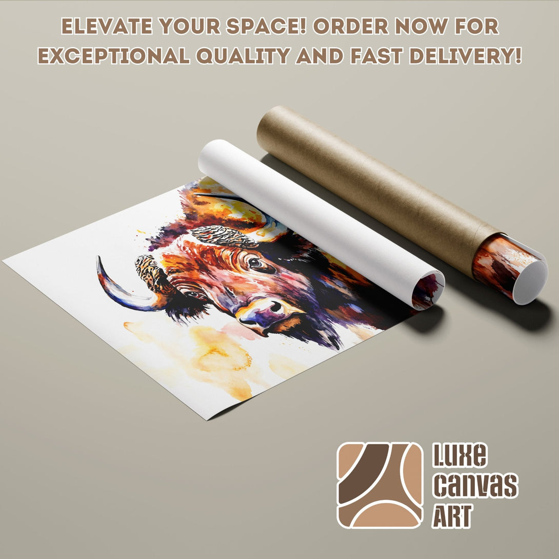 Watercolor bison Poster Roll art, warm color palette, perfect for home decor.