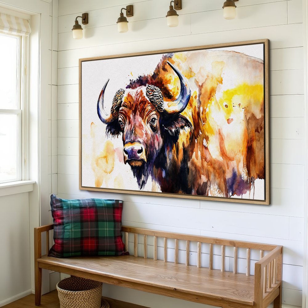 Watercolor Canvas Print of a majestic bison, warm yellow & brown tones. Rustic wall art for a cozy home.