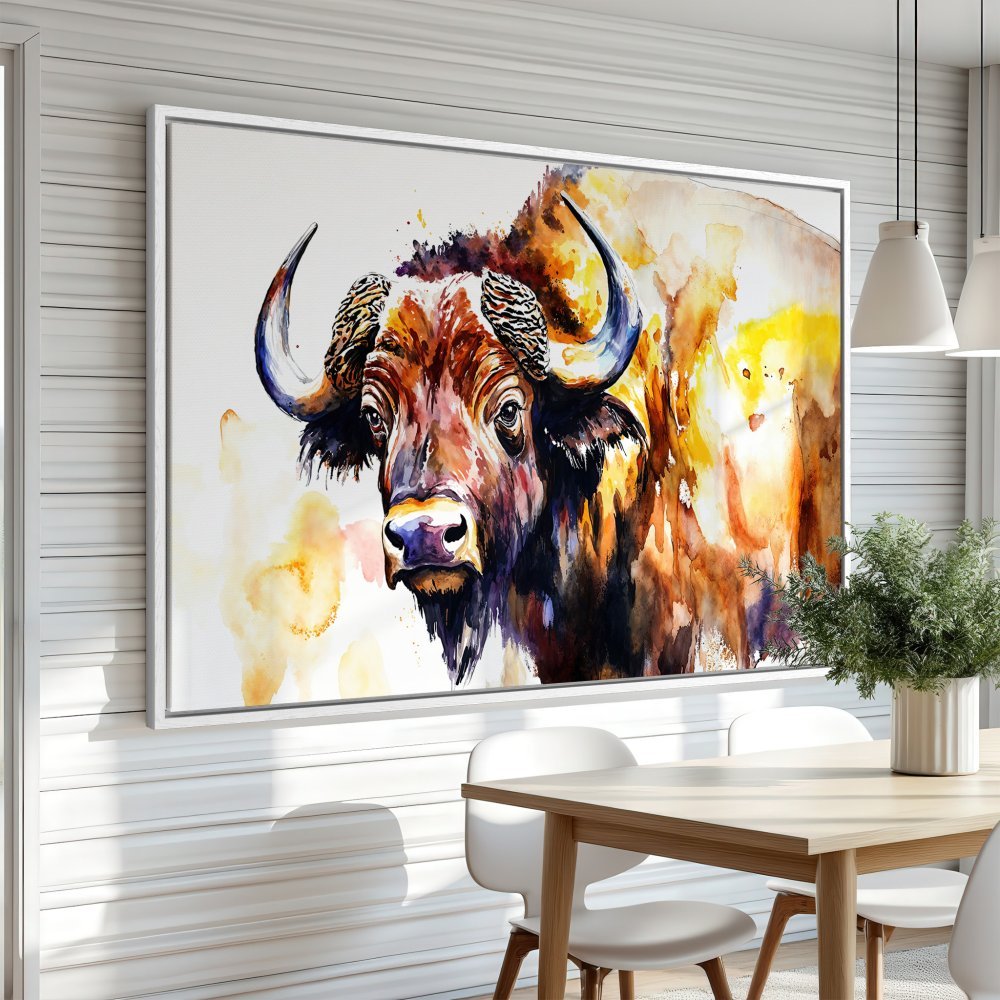 Watercolor Canvas Print of a majestic bison. Warm, earthy tones and vibrant yellows. Perfect framed wall art for your home decor.