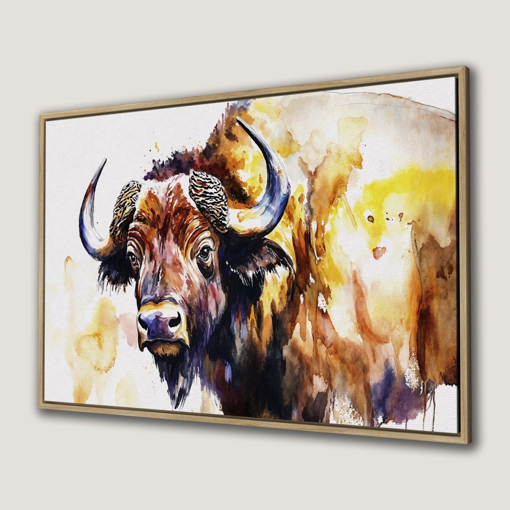 Framed Wall Art: Watercolor bison painting in warm yellow, brown, and blue tones. Perfect for rustic home decor.