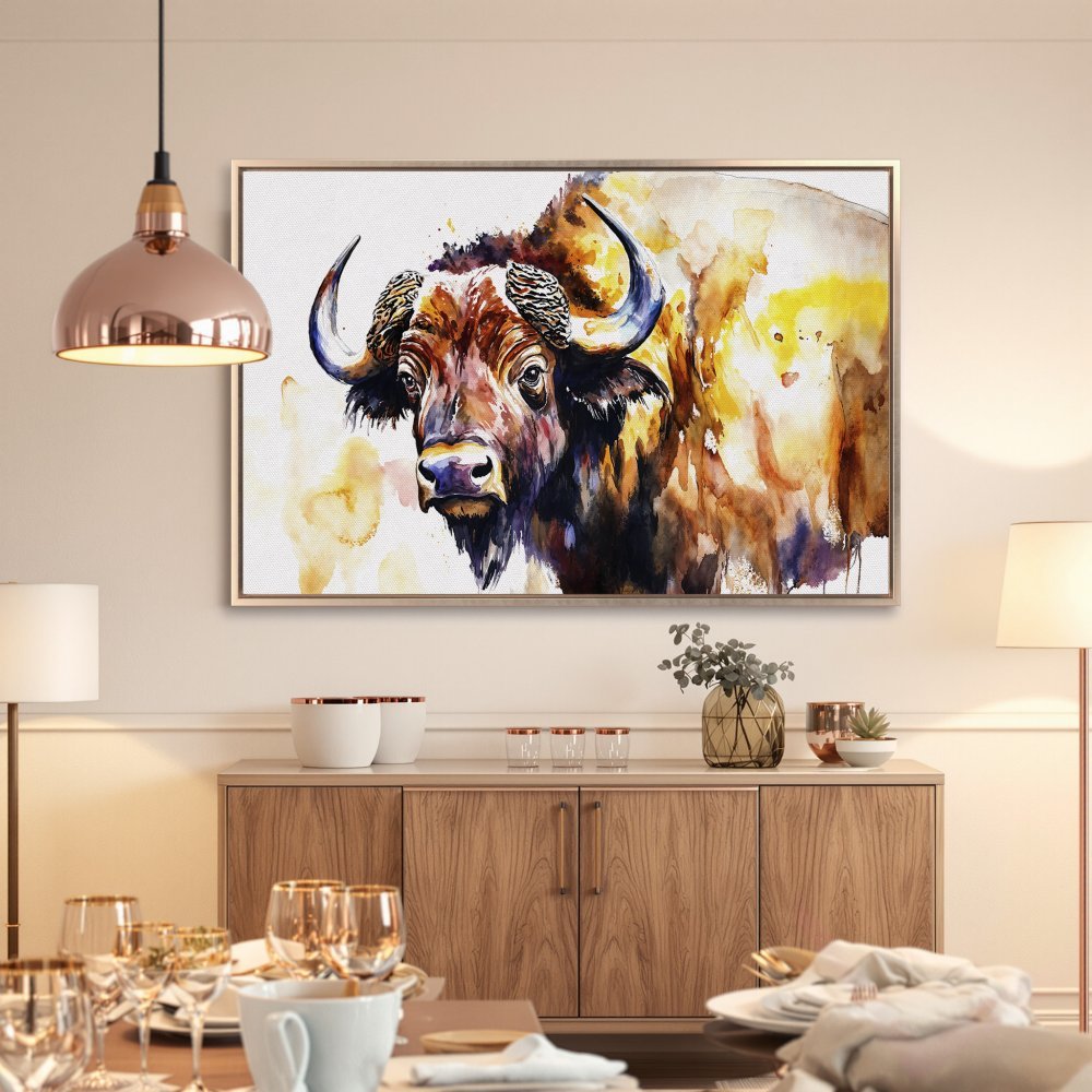 Framed Wall Art: Watercolor bison print in warm earth tones. Add rustic charm to your home with this stunning Canvas Print!