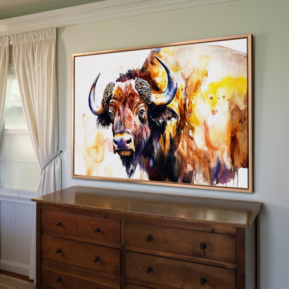 Framed Wall Art: Watercolor bison print in warm yellow and brown tones. Add rustic charm to your home!