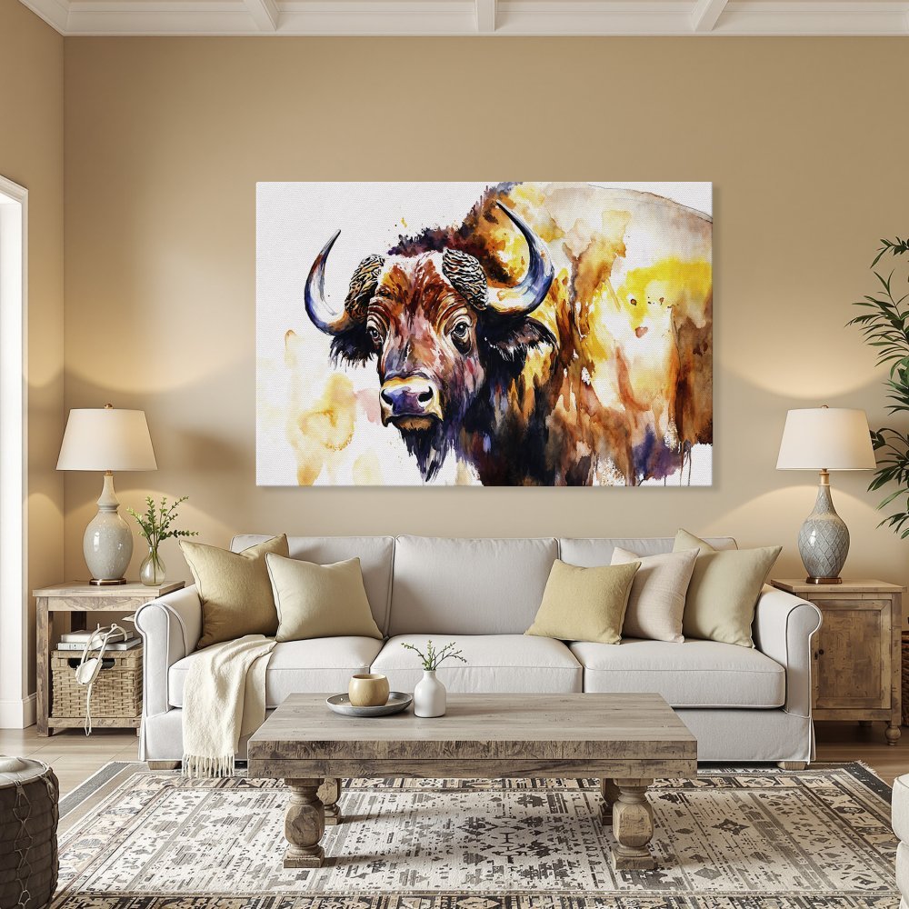 Framed Wall Art: Watercolor bison print in warm earth tones. Add rustic charm to your home decor with this stunning canvas print.