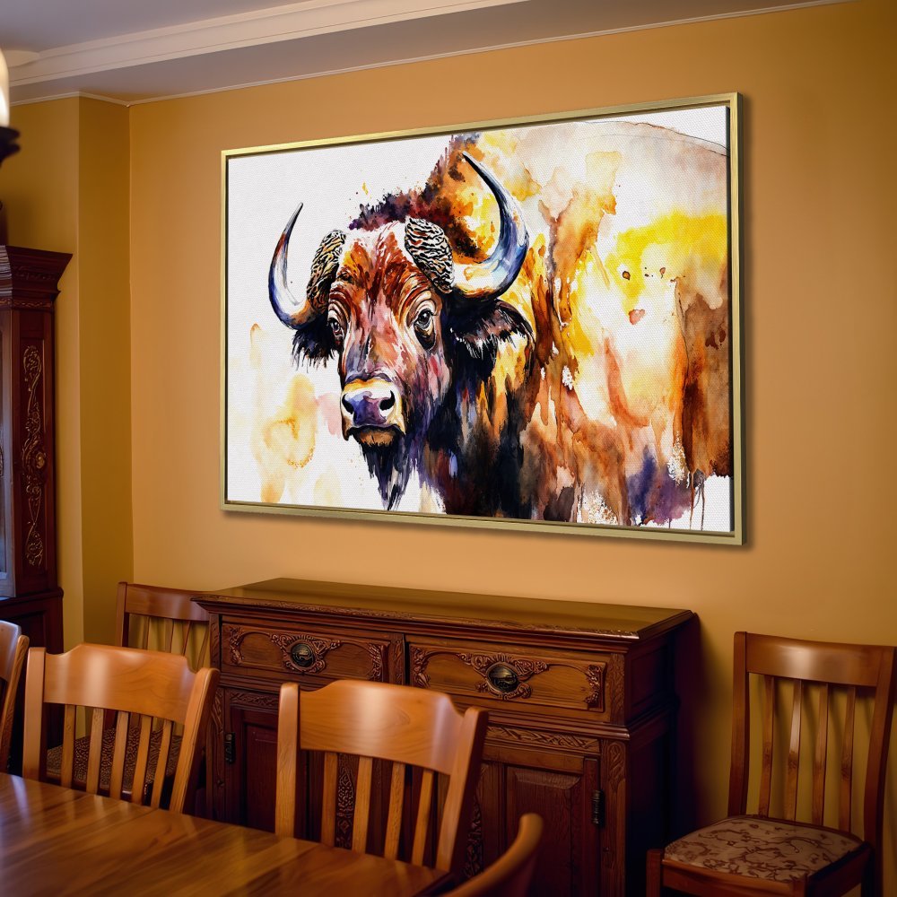 Watercolor Canvas Print of a majestic bison in warm earth tones. Elevate your space with this stunning wall art!