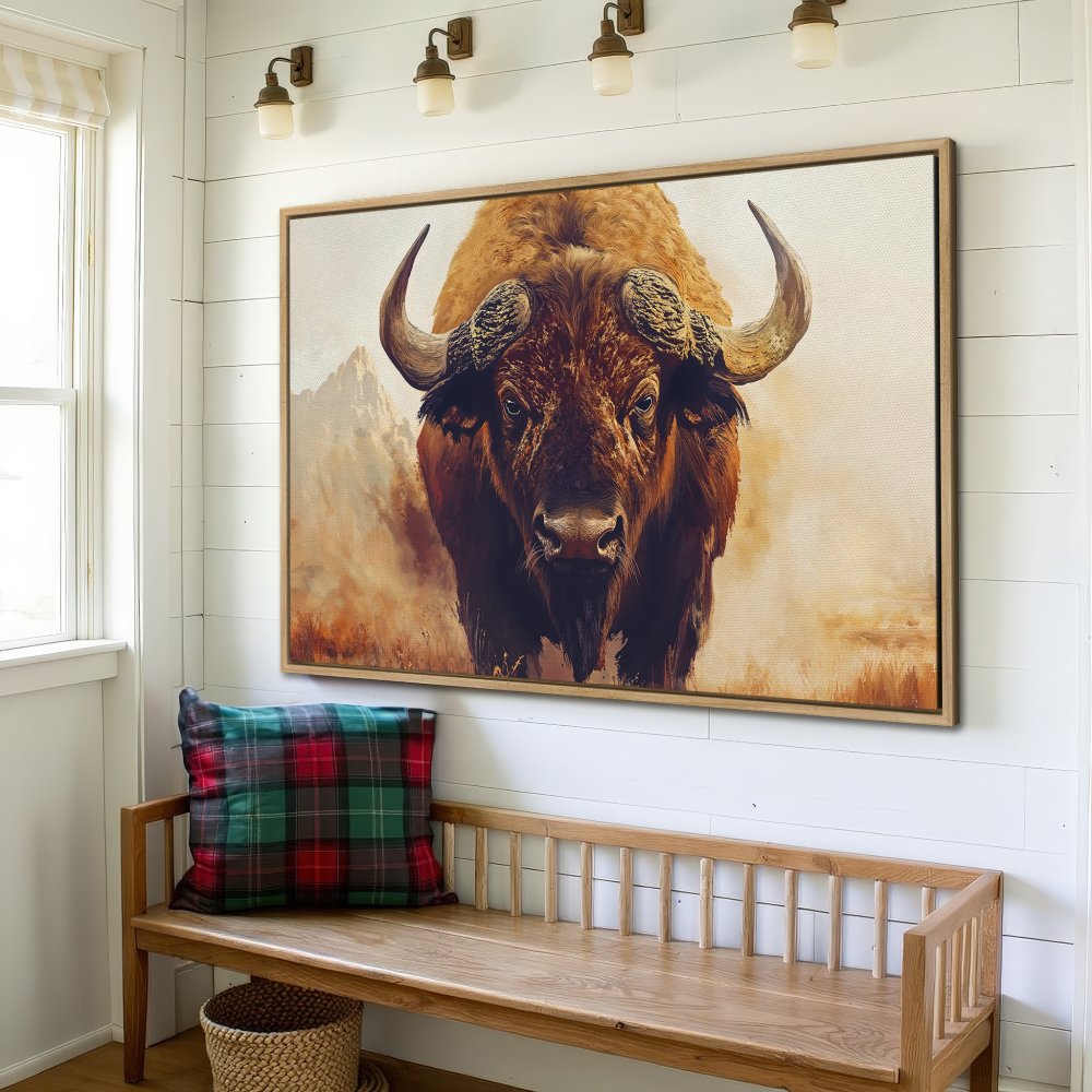 Framed Wall Art: Majestic bison canvas print in warm earth tones. Rustic style, perfect for adding a touch of nature to your home decor.