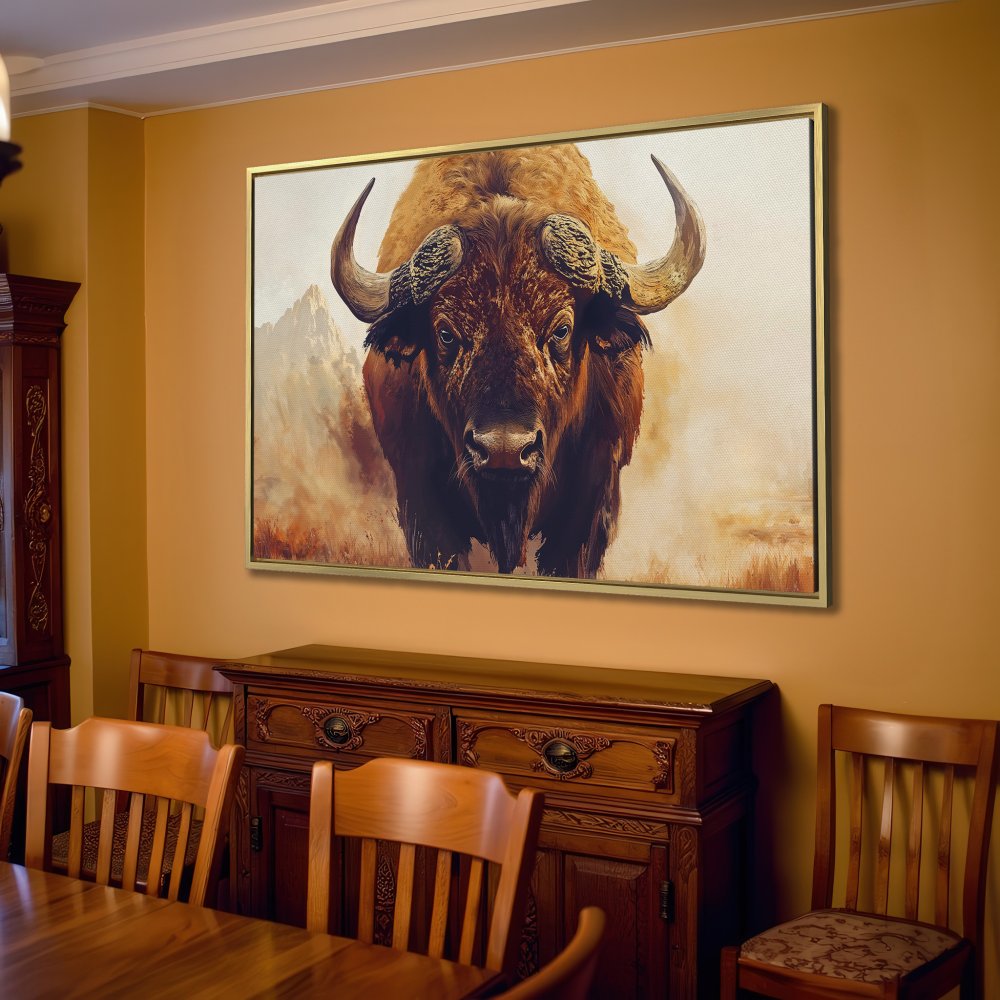 Canvas Print of a majestic bison in warm, earthy tones. Rustic wall art perfect for living room decor.