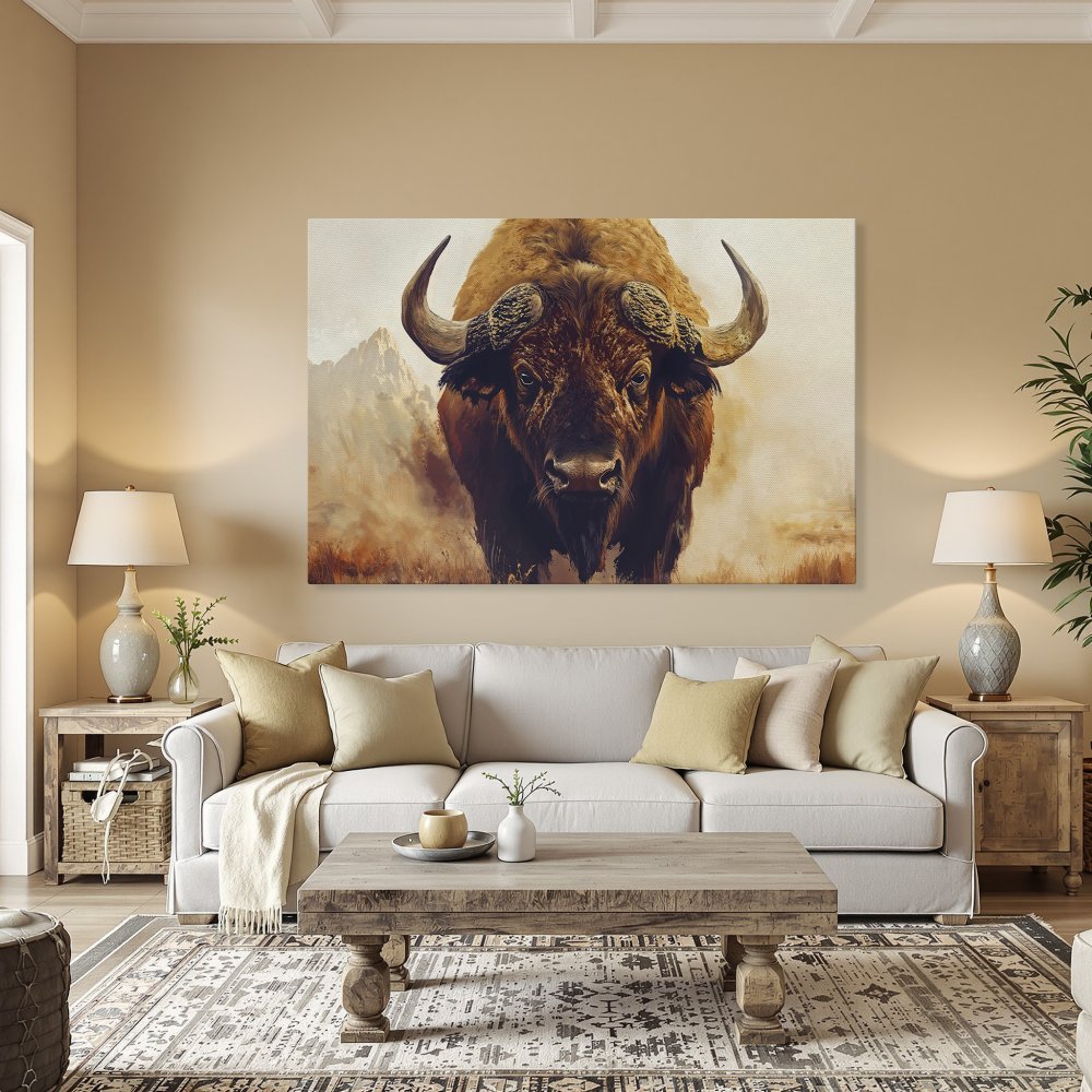 Framed Wall Art: Majestic bison canvas print in warm earth tones. Rustic style, perfect for living room or dining room decor.